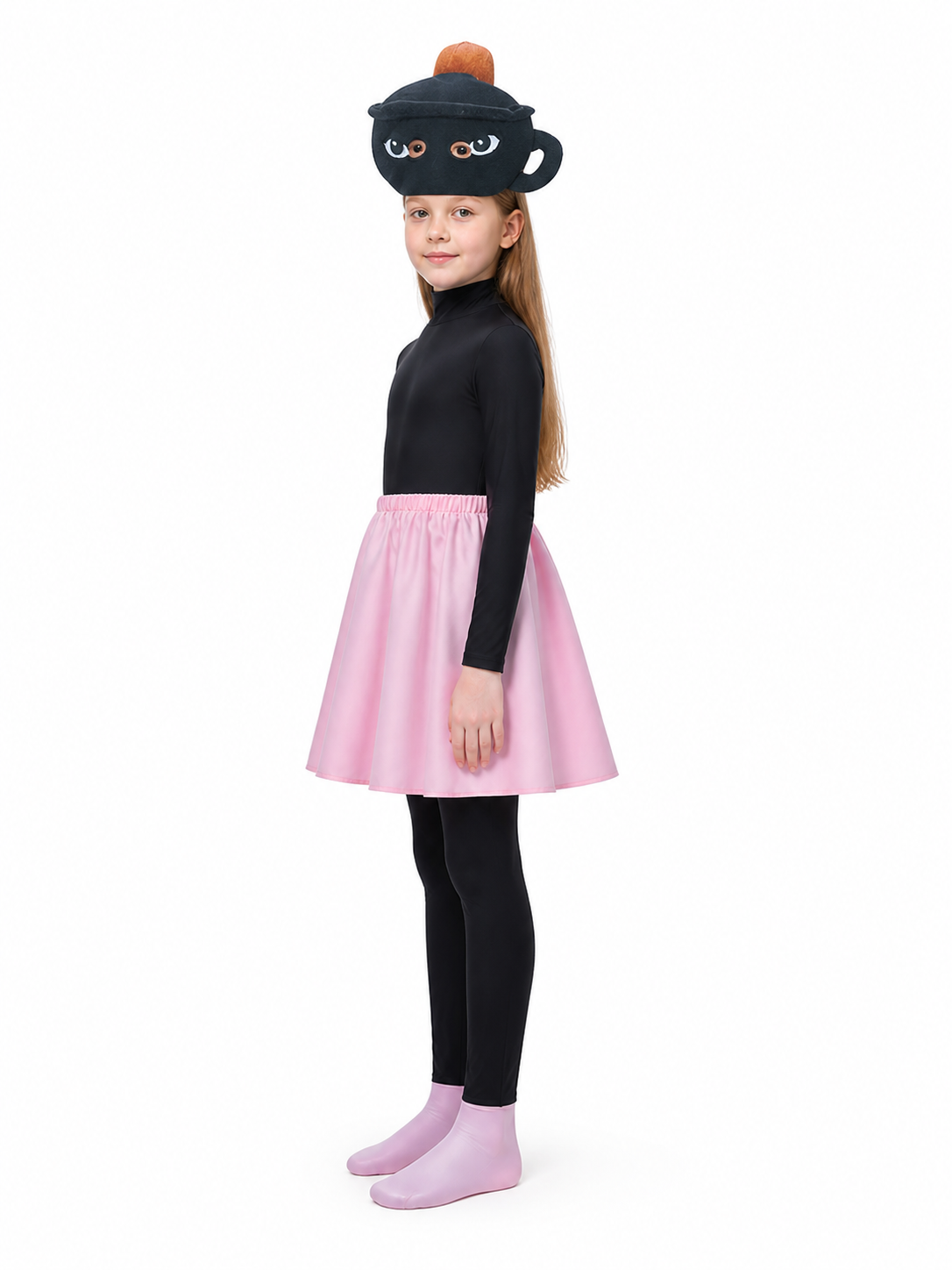Halloween Costume: Black Jumpsuit, Pink Skirt, Mask side view