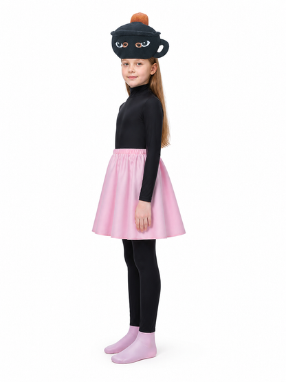 Halloween Costume: Black Jumpsuit, Pink Skirt, Mask side view