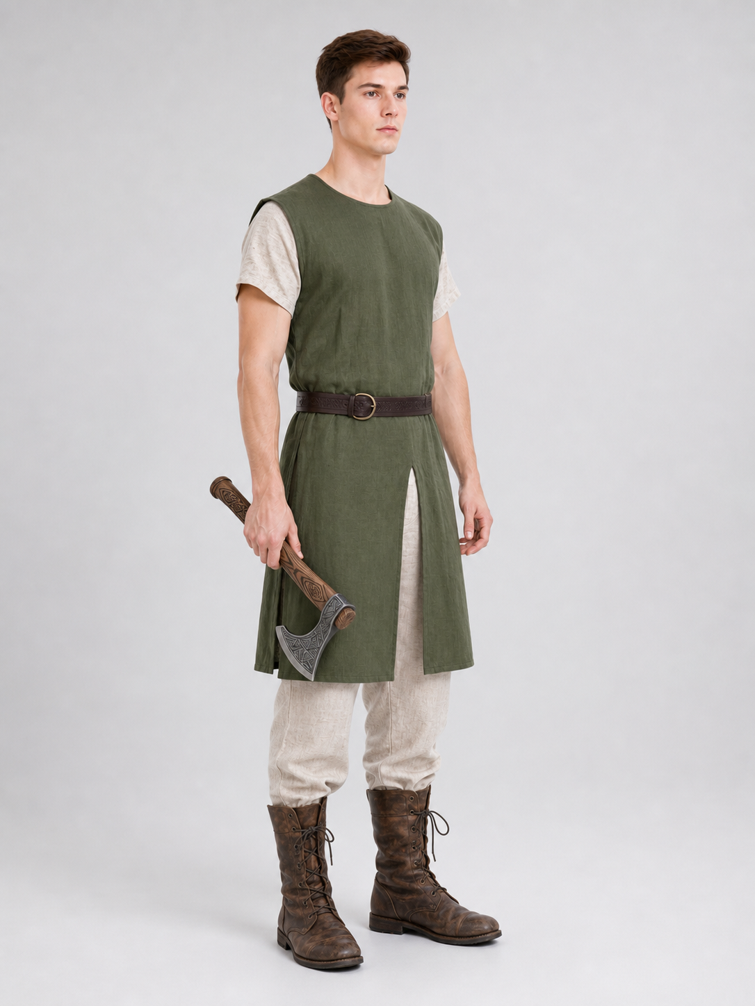 Sleeveless olive tunic with belt