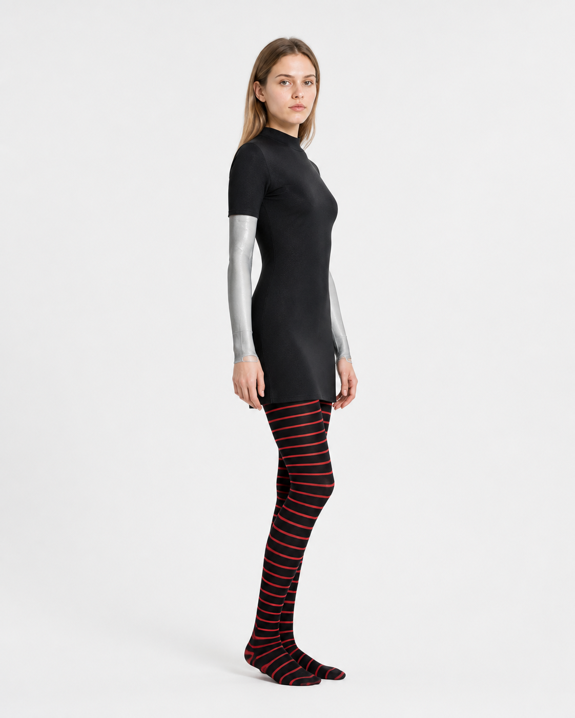 Costume with Red-and-Black Striped Dress and Tights side view