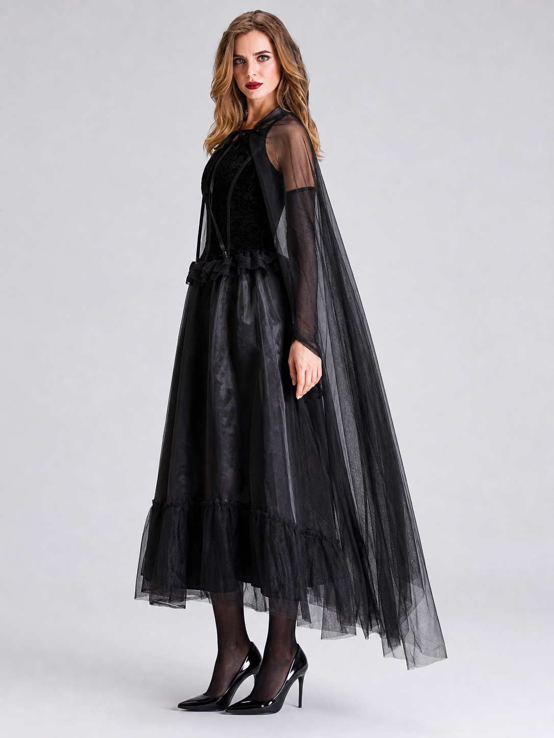 Gothic Black Dress with Cape and Lacing