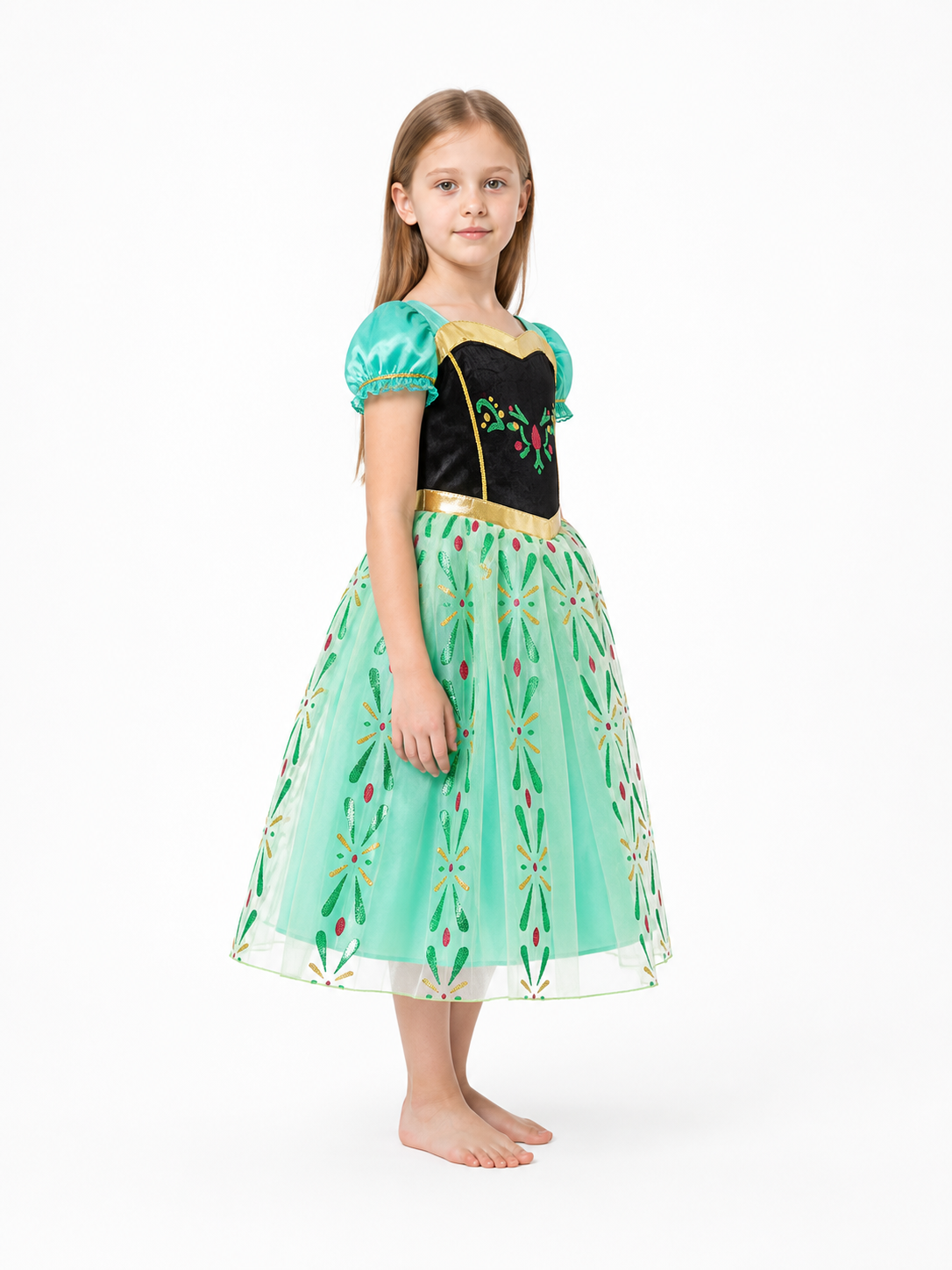 Children’s Dress with a Full Skirt and Gold Belt side view