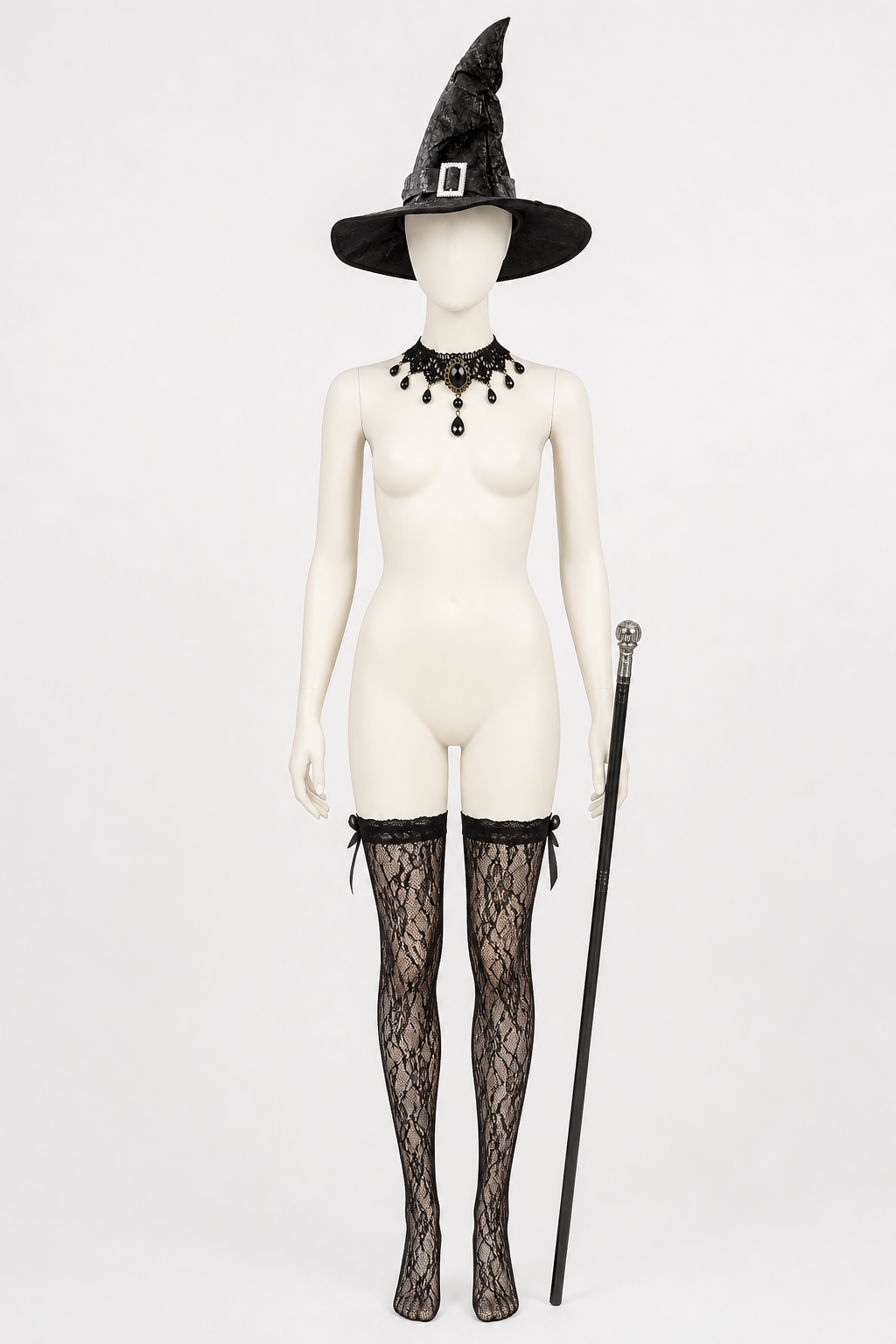Gothic Costume with Hat, Cane, and Accessories side view