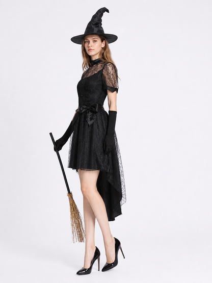 Witch Costume with Lace, an Asymmetrical Skirt, and Hat side view