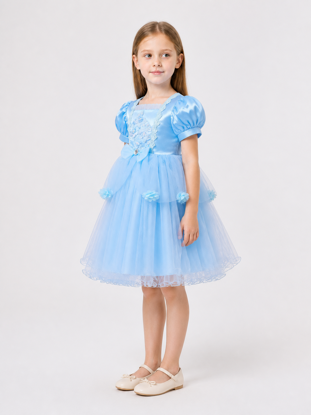 Light blue dress with a full skirt and puff sleeves side view