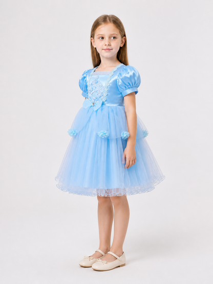 Light blue dress with a full skirt and puff sleeves side view