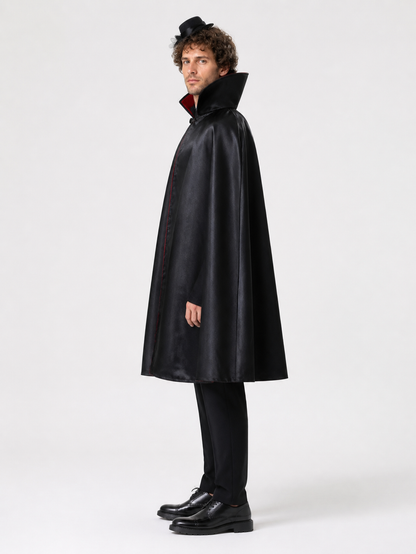 Black Costume Cape with Hood and Red Trim side view