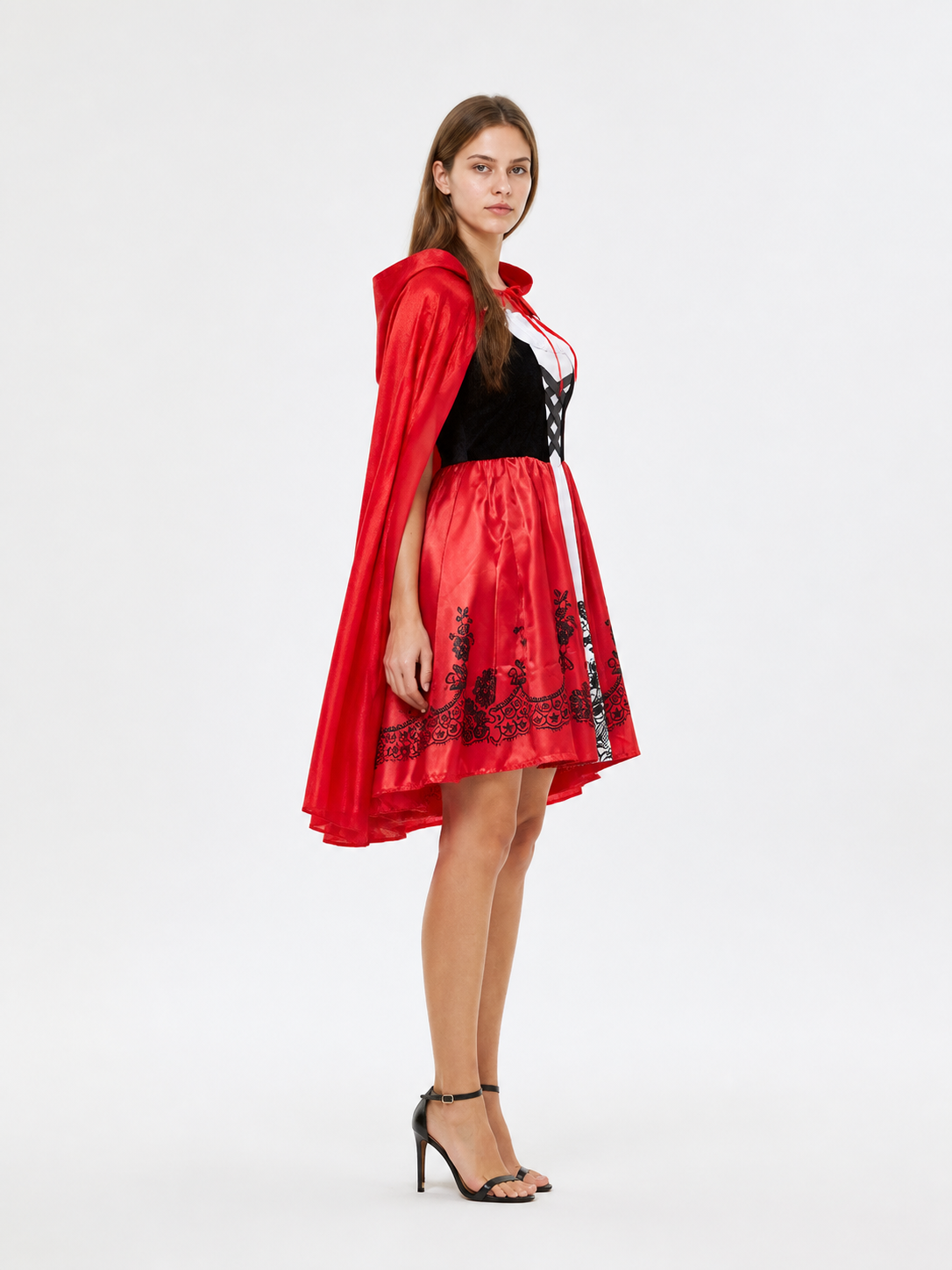 Halloween costume with dress and cape side view