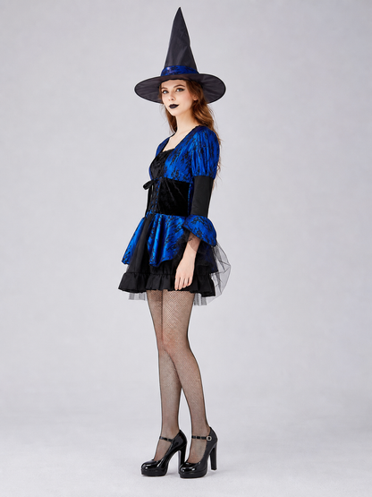 Witch Costume: Blue and Black Dress with a Full Skirt side view