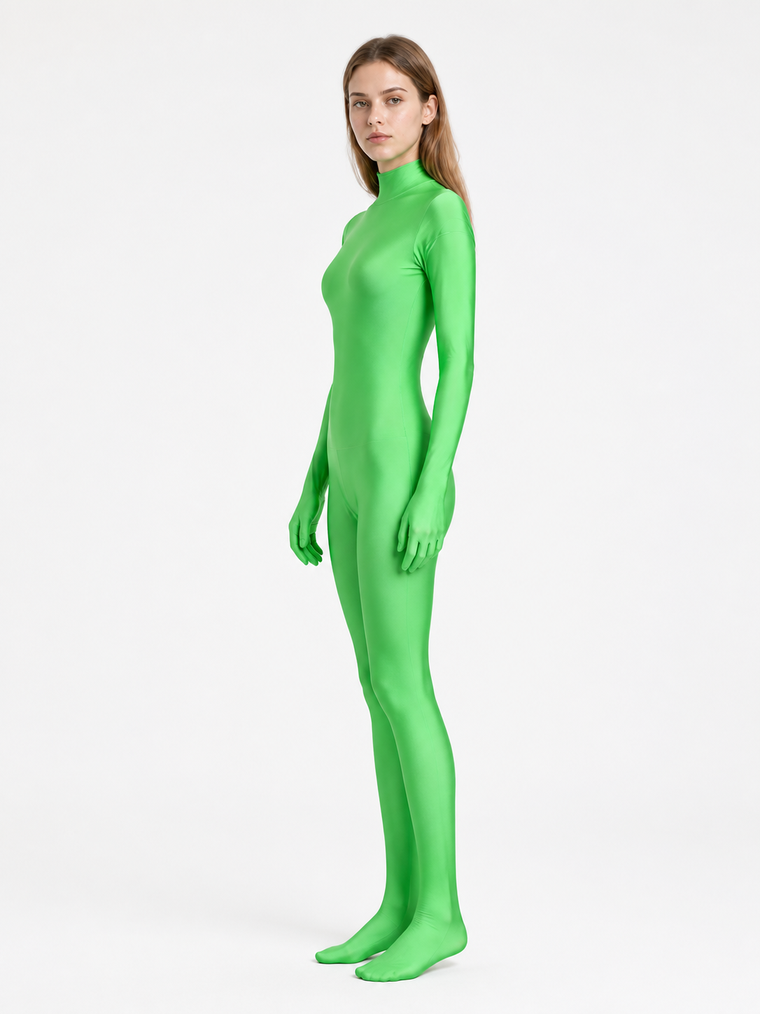 Green Tight-Fitting One-Piece Bodysuit with Attached Hood side view
