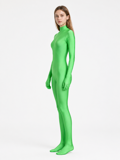 Green Tight-Fitting One-Piece Bodysuit with Attached Hood side view