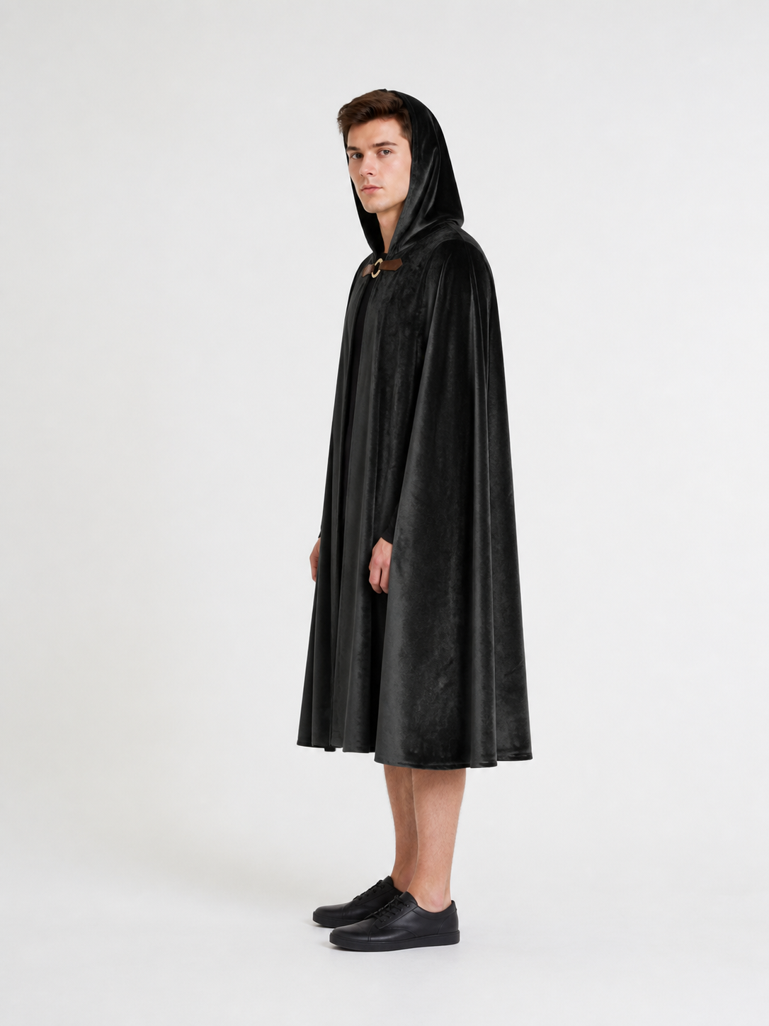 Long Black Hooded Cape with Closure side view