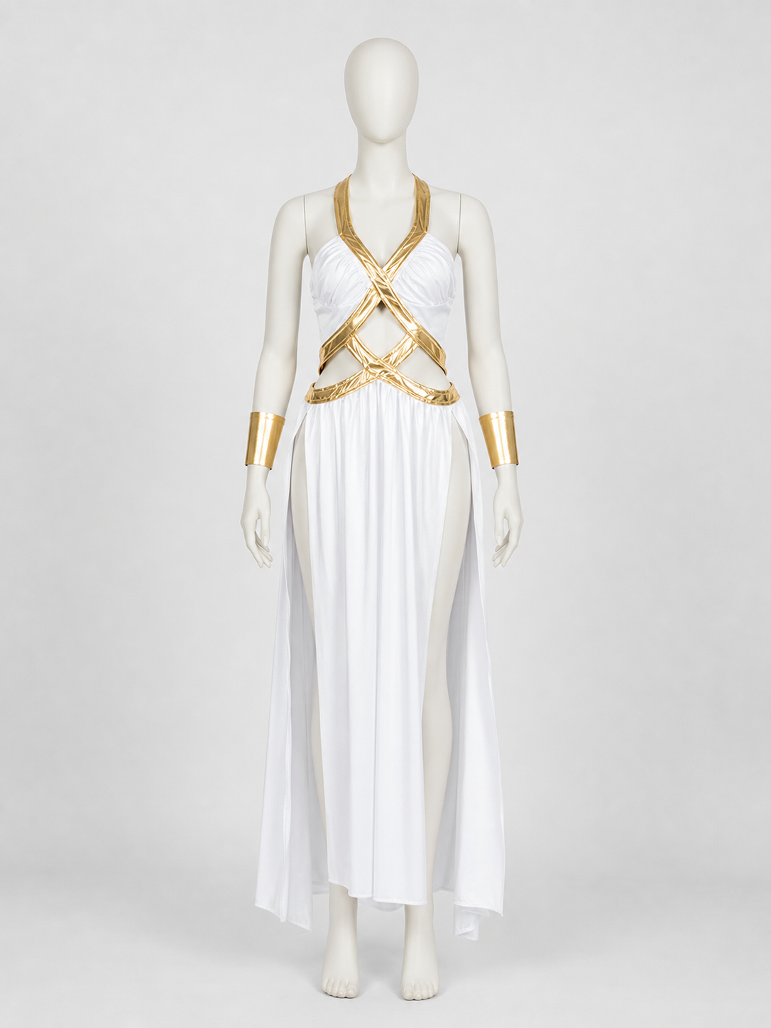 Long White-and-Gold Cosplay Dress with a High Slit