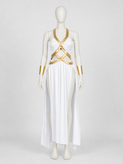 Long White-and-Gold Cosplay Dress with a High Slit