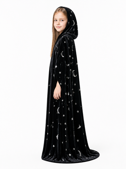Black Hooded Long Cloak with Moon and Star Pattern