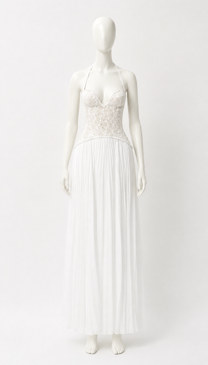 White Lace Dress with Pleated Skirt