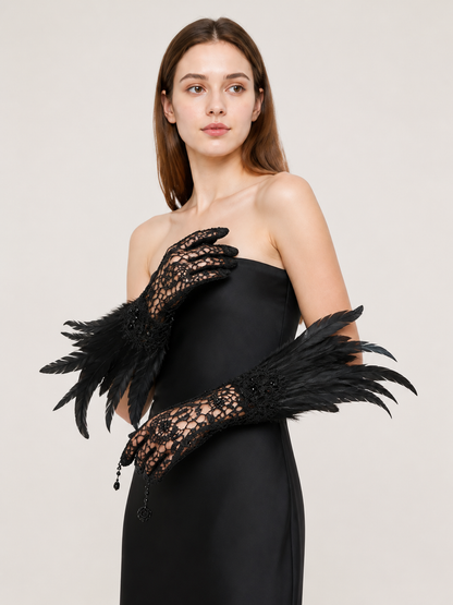 Black Lace Carnival Gloves with Feathers, Pair