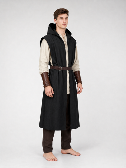 Long Sleeveless Hooded Vest, Black