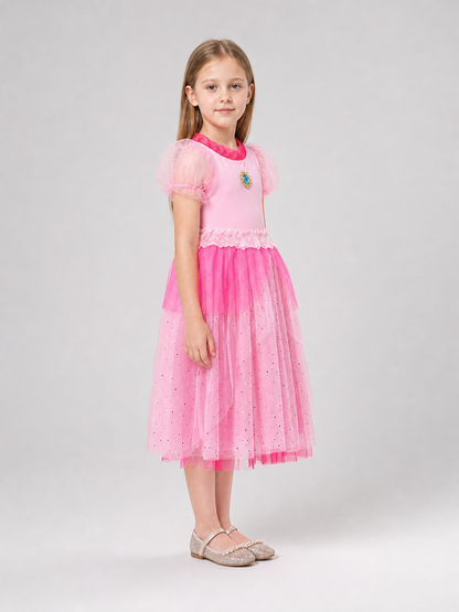 A bright pink Princess Peach costume created for transforming into a fairytale