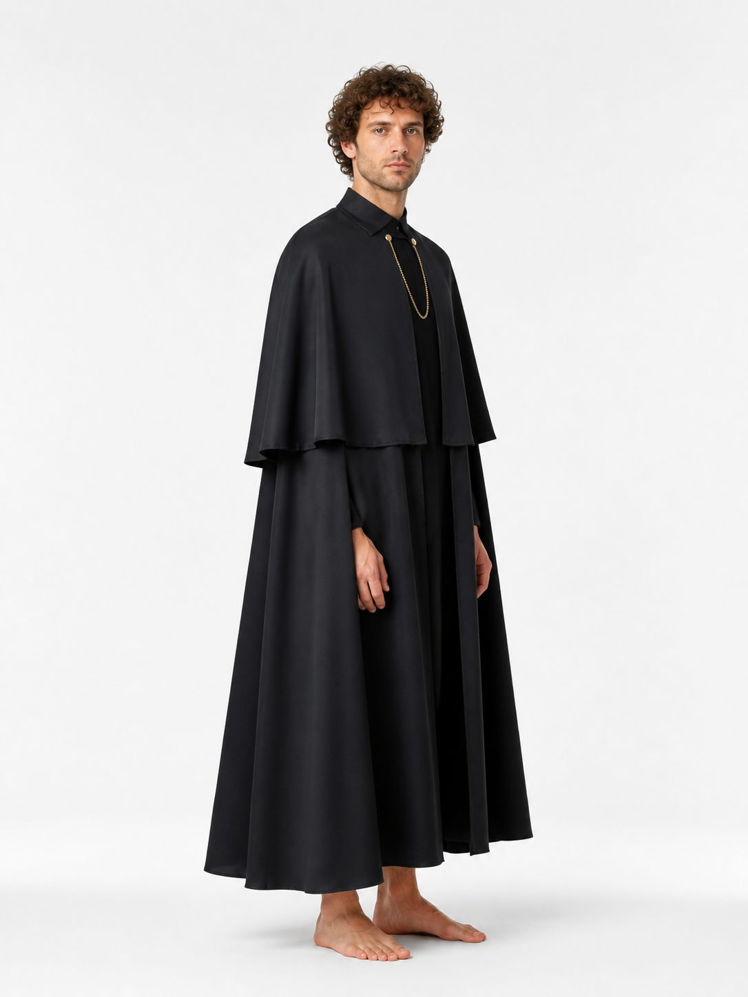 Black Cape with Stand Collar and Gold Chain side view