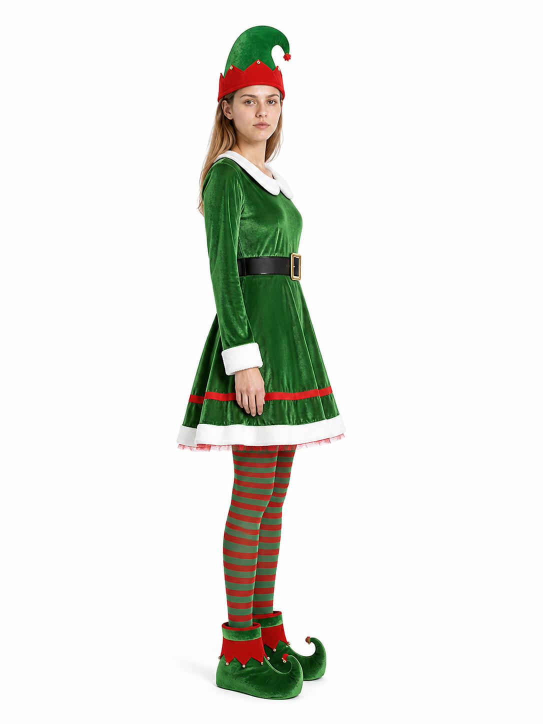 Elf Costume with Dress, Hat, and Tights side view