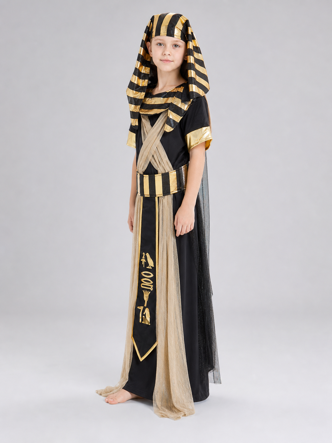 Adult Egyptian Pharaoh Costume Set, 4pcs Robe With Headdress Collar And Waist Belt, Black Gold Cosplay Outfit For Halloween Stage Performance