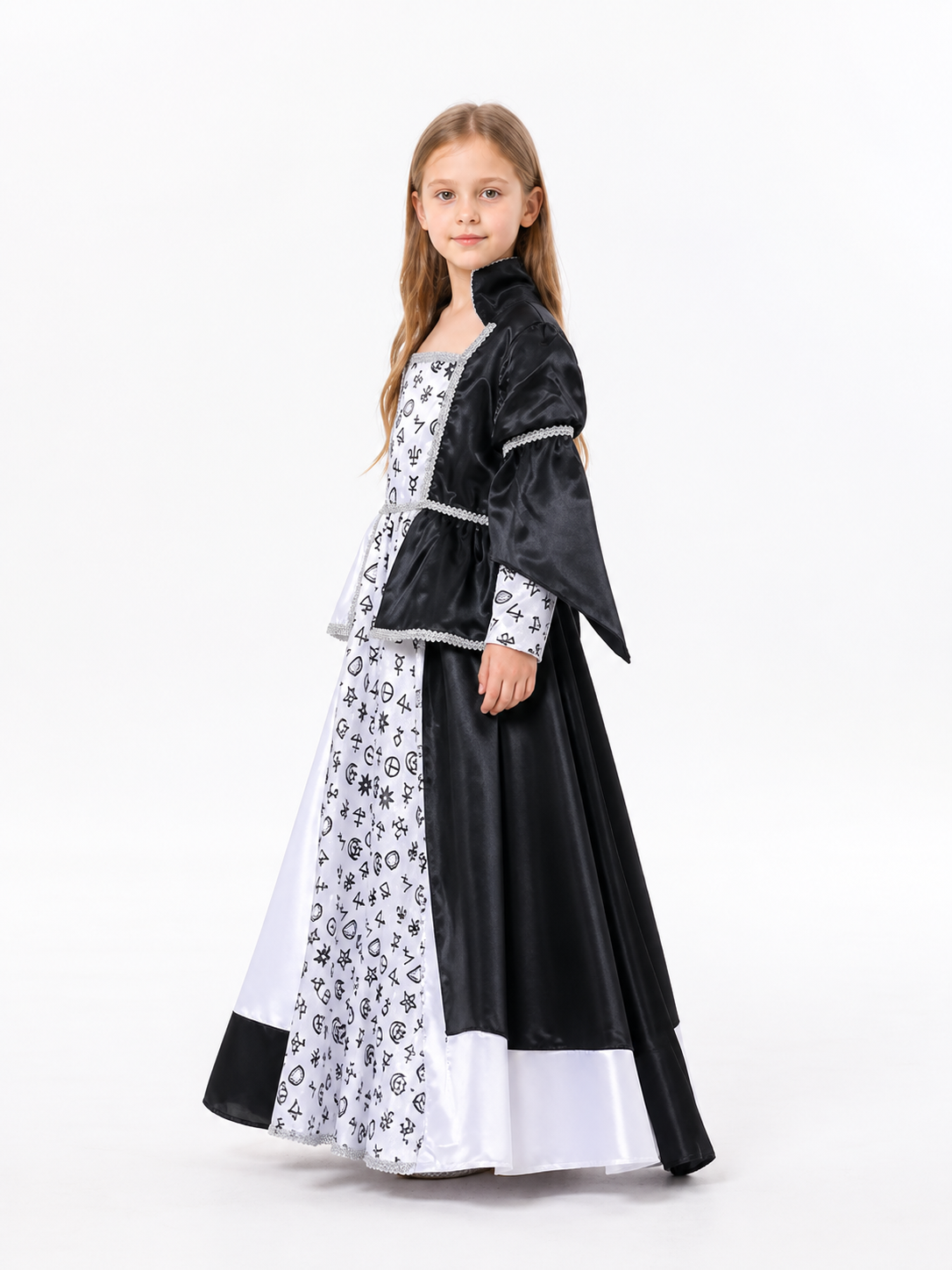 Black-and-White Witch Costume with Dress and Cape side view