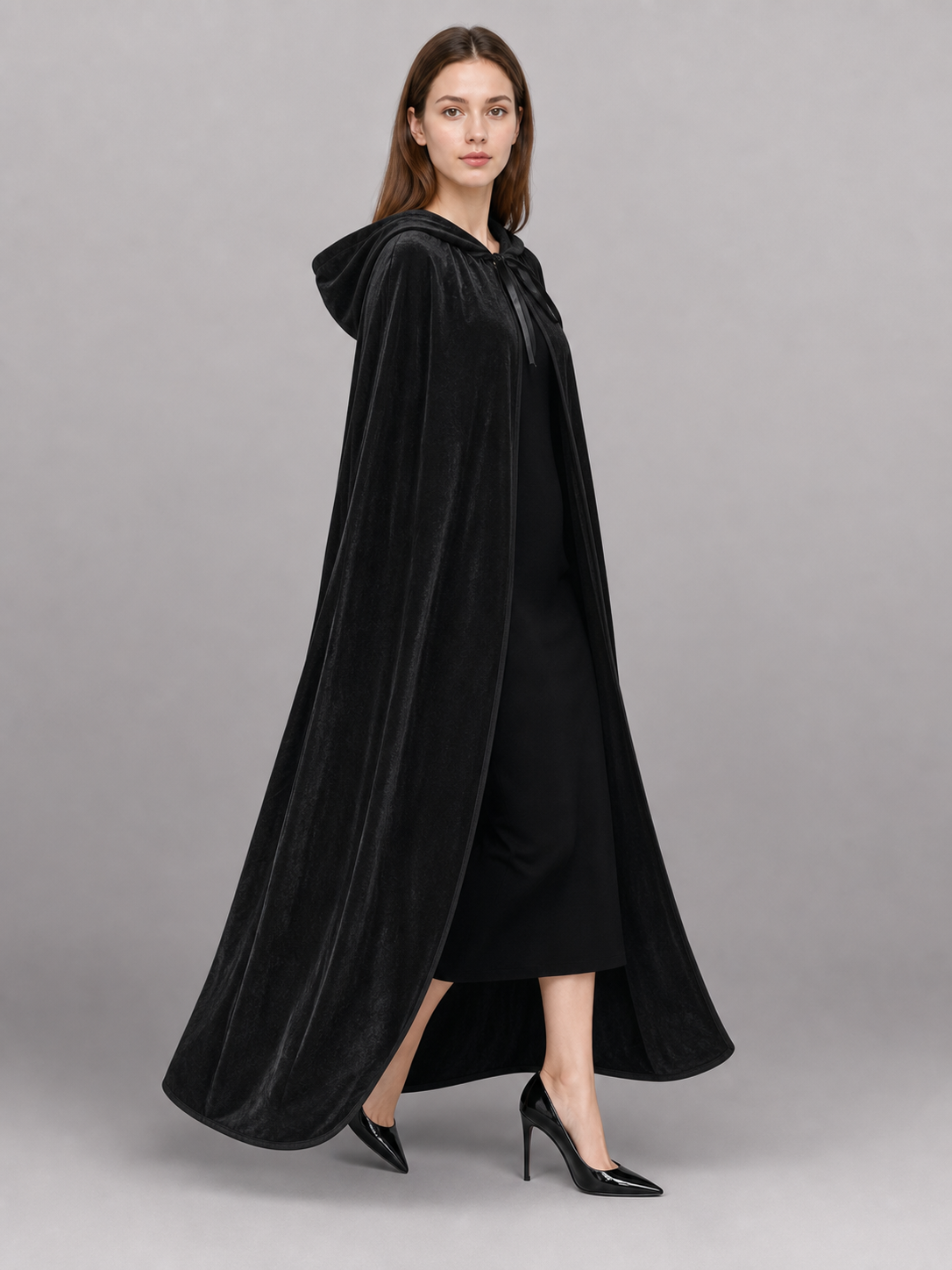 Black medieval hooded costume cloak
