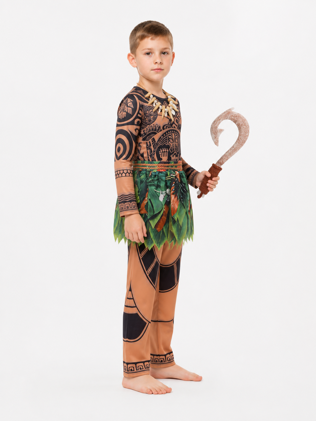 Maui Carnival Costume with Tattoo Print and Leaves side view