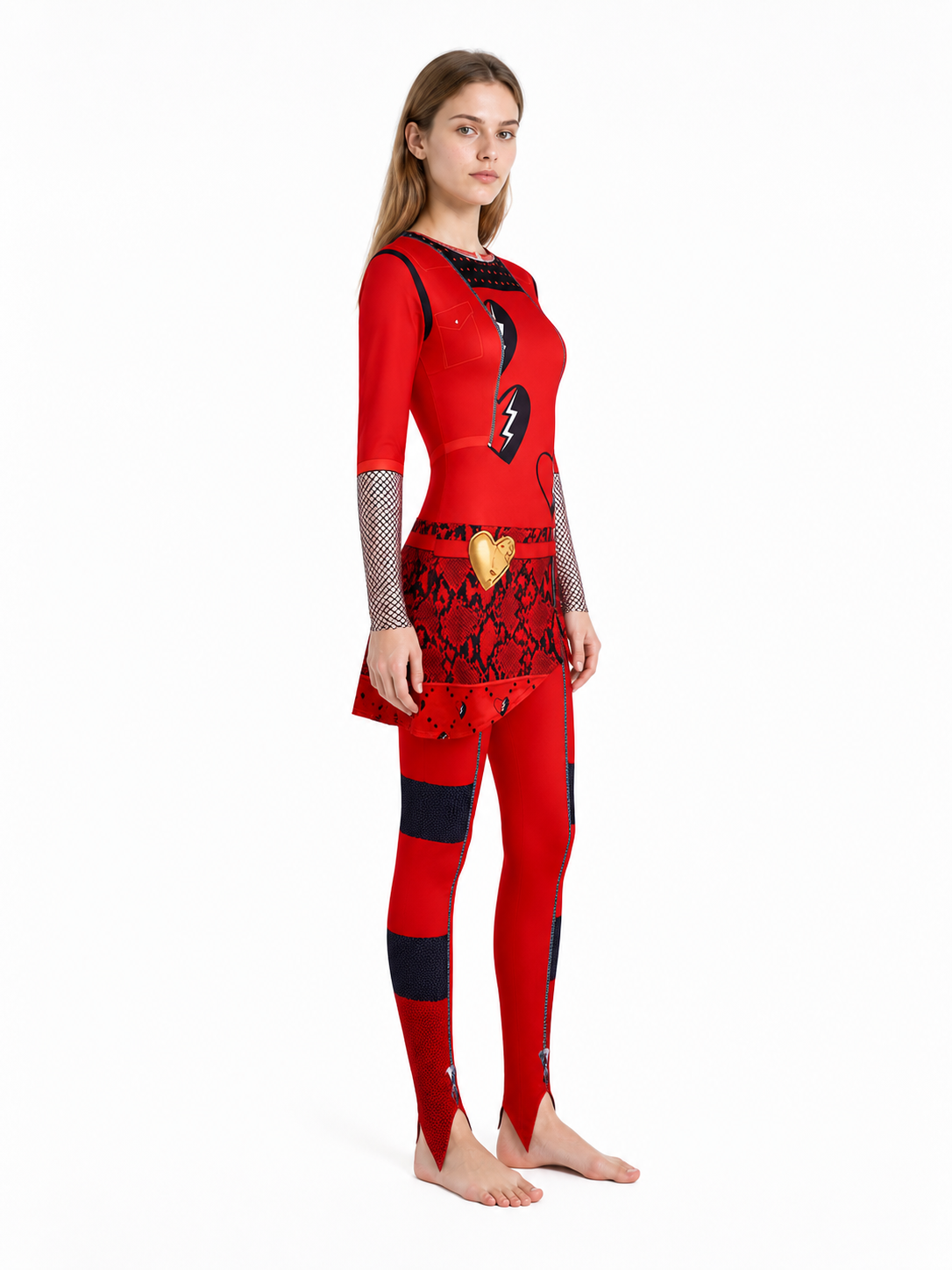 Red Queen Costume with an Asymmetrical Skirt and Heart side view