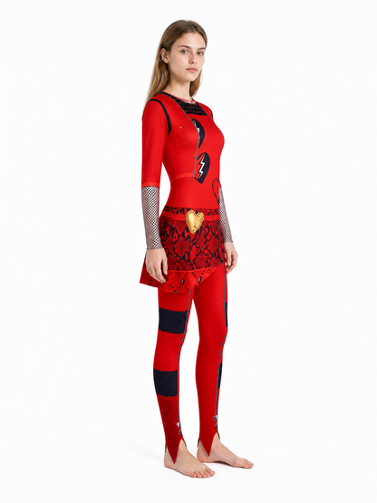 Red Queen Costume with an Asymmetrical Skirt and Heart side view
