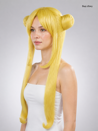 Blonde Anime Wig with Bangs, Double Buns for Cosplay side view