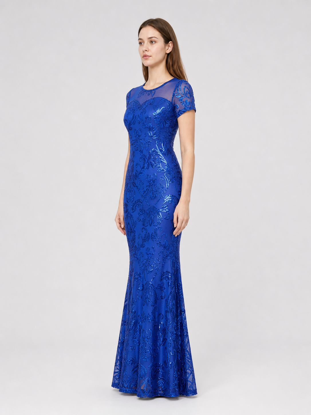 Blue evening dress with floral pattern and sequins