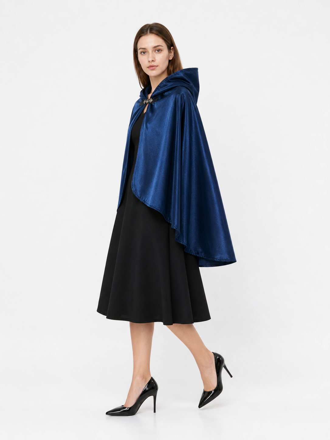 Blue Hooded Carnival Cape with Closure side view