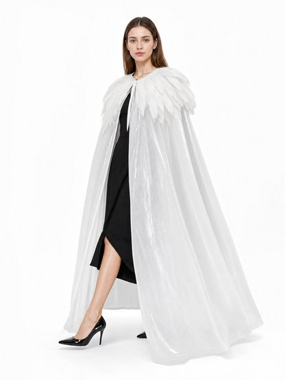White Velvet Cape with Feather Trim, Maxi