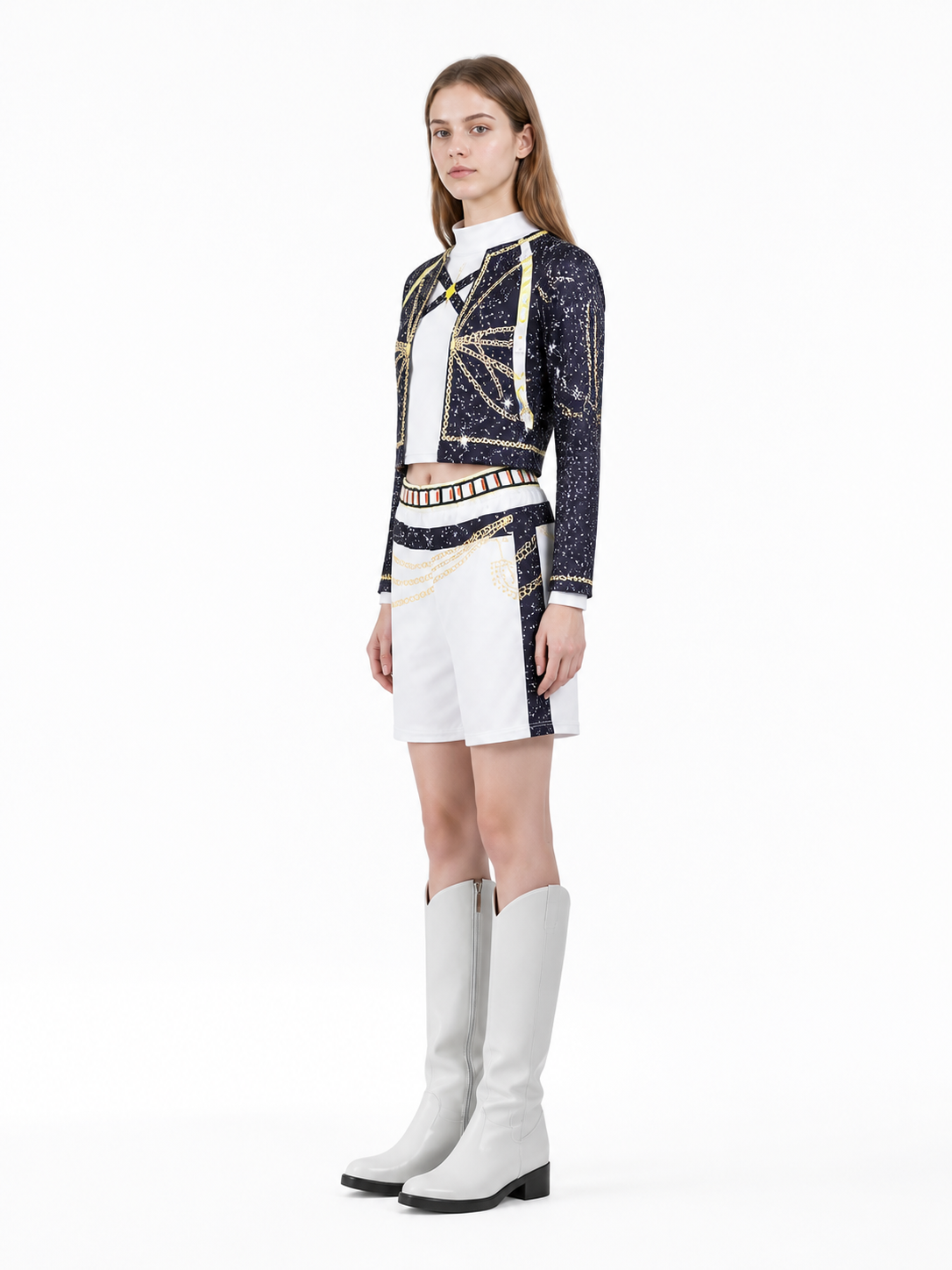 Children’s Black, White, and Gold Costume with Top and Shorts side view
