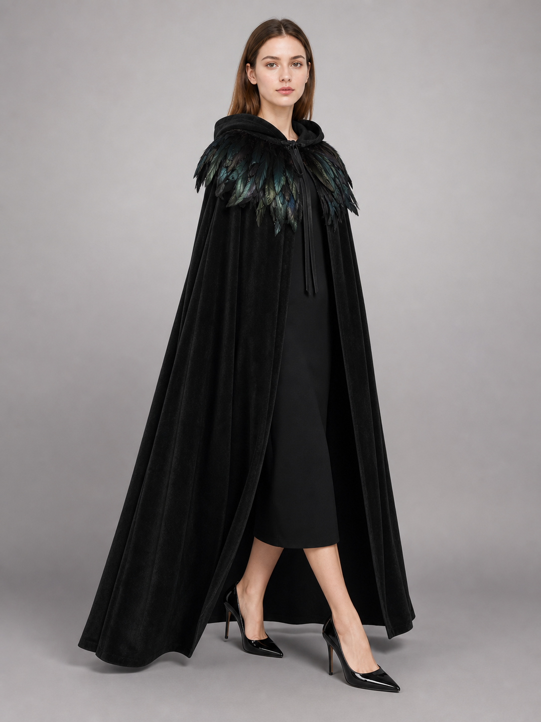 Black Velvet Hooded Cape with Feathers