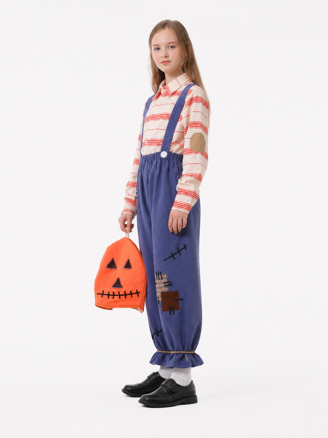 Scarecrow Jumpsuit with Patches and Cross Stitches side view