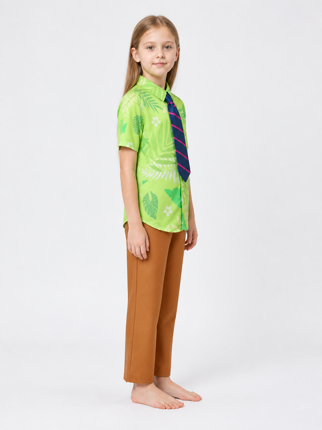Nick the Fox costume with a green shirt, trousers, and tie side view