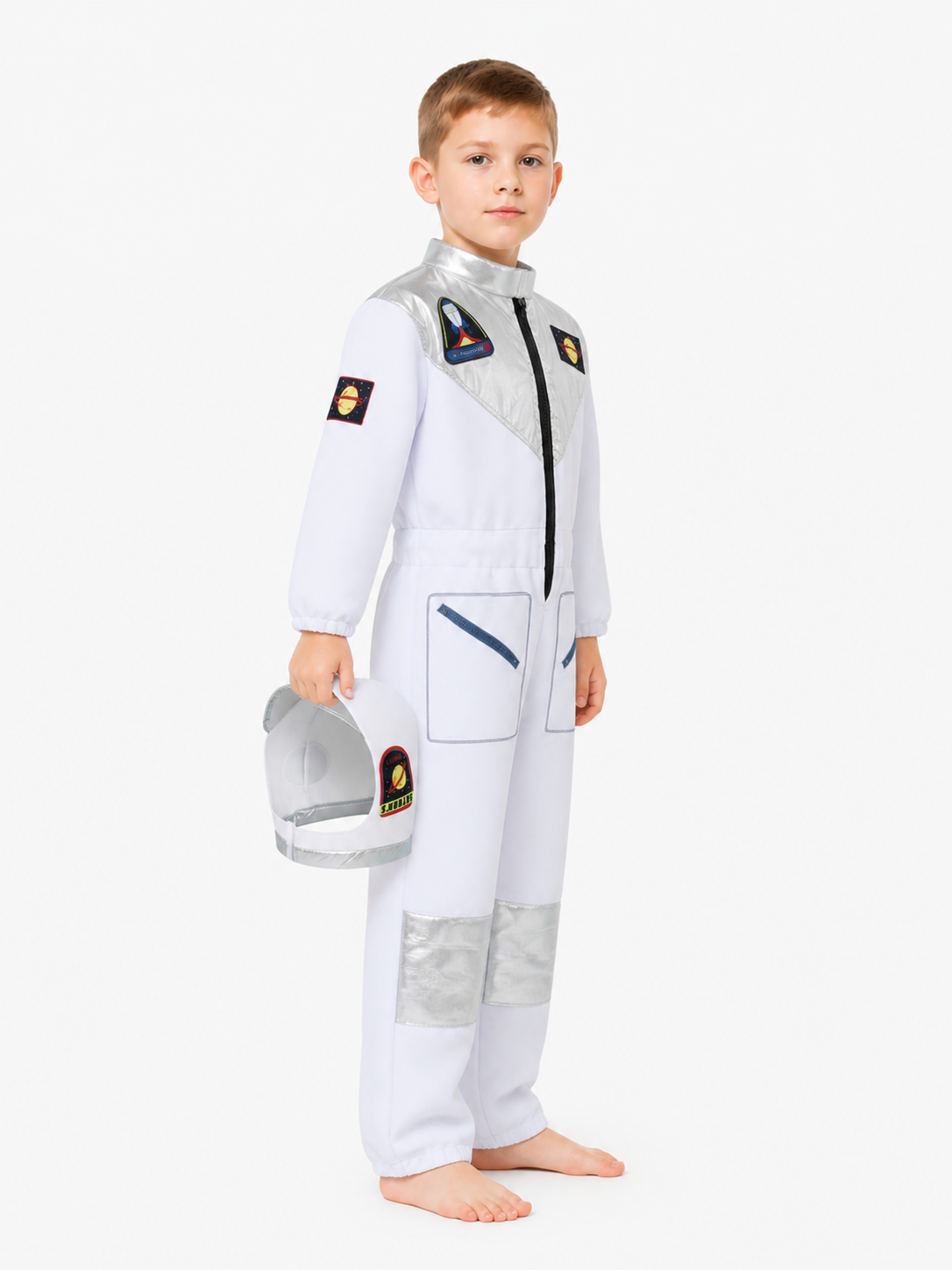 Children's astronaut costume with helmet and silver-toned accents side view