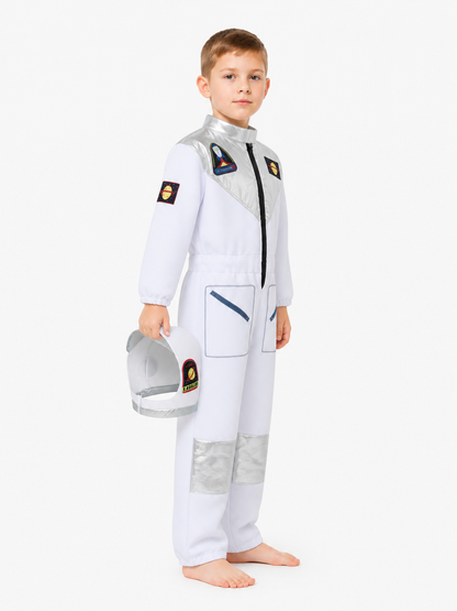 Children's astronaut costume with helmet and silver-toned accents side view