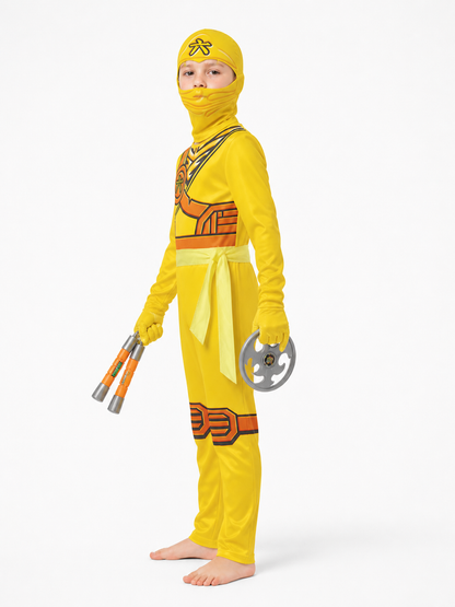 Yellow Ninja Jumpsuit with Mask and Belt side view