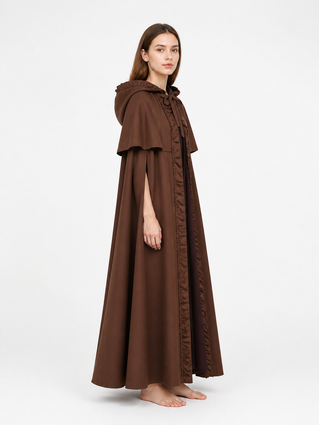 Hooded cloak with front ties side view