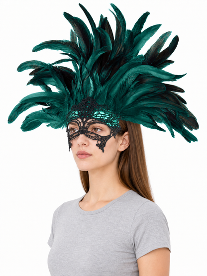 1pc Green Feather Headpiece With Black Lace Eye Mask, Exaggerated Party Style side view