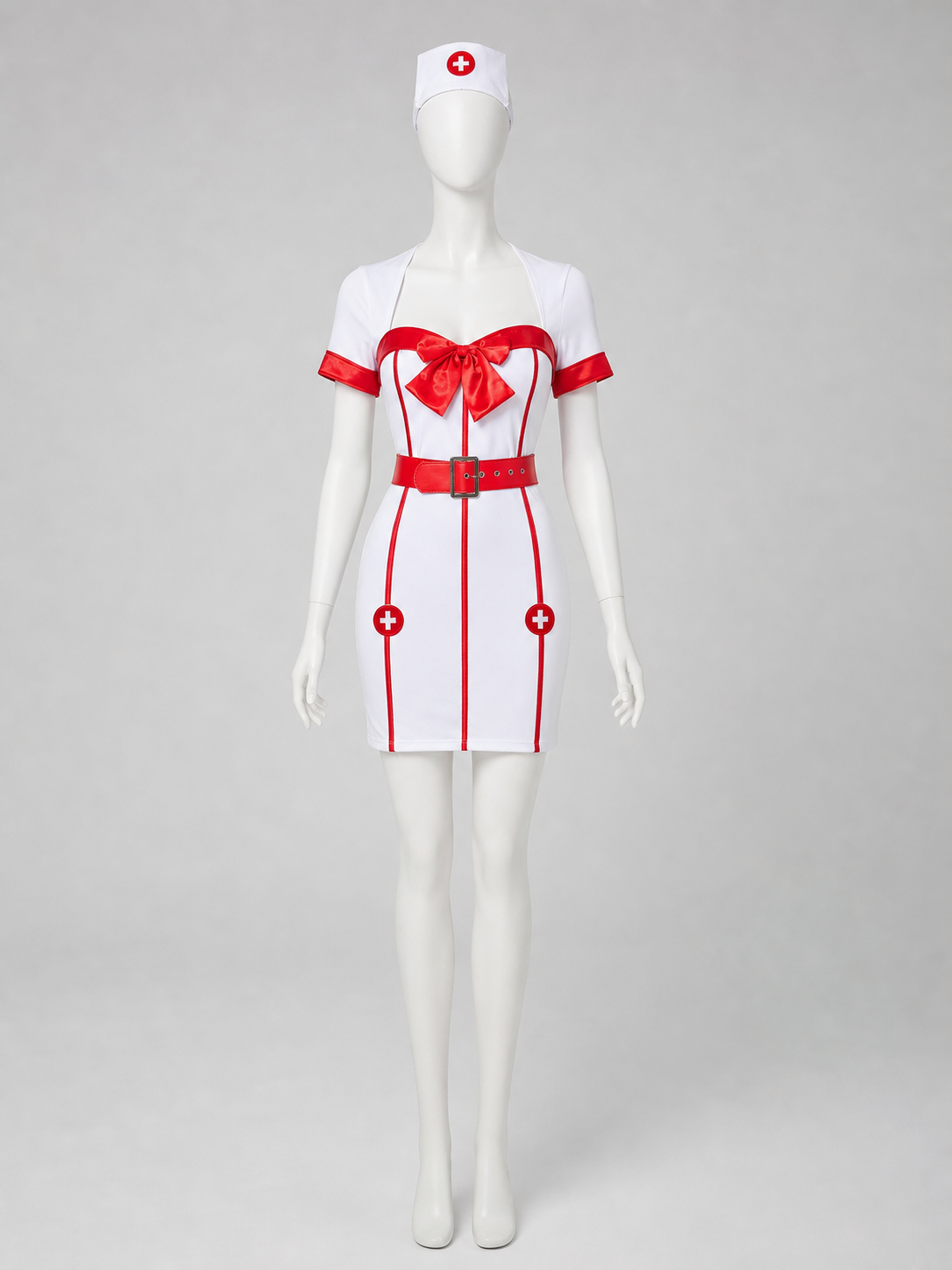 White-and-Red Nurse Costume with Bow and Belt