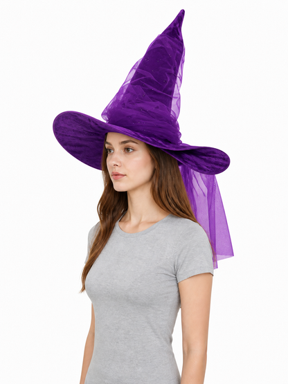 Purple Halloween Witch Hat for Women and Men, Tall Pointed Wide Floppy Brim with Layered Sheer Mesh Draping and Glitter-Like Specks for Cosplay Costume Party