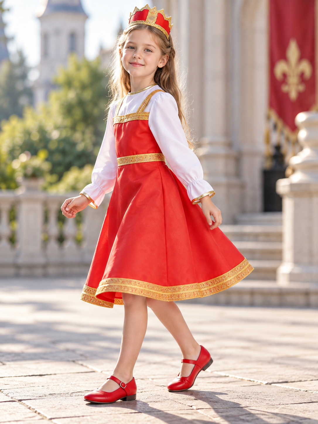Children's Stage Costume with Red Dress and Crown side view