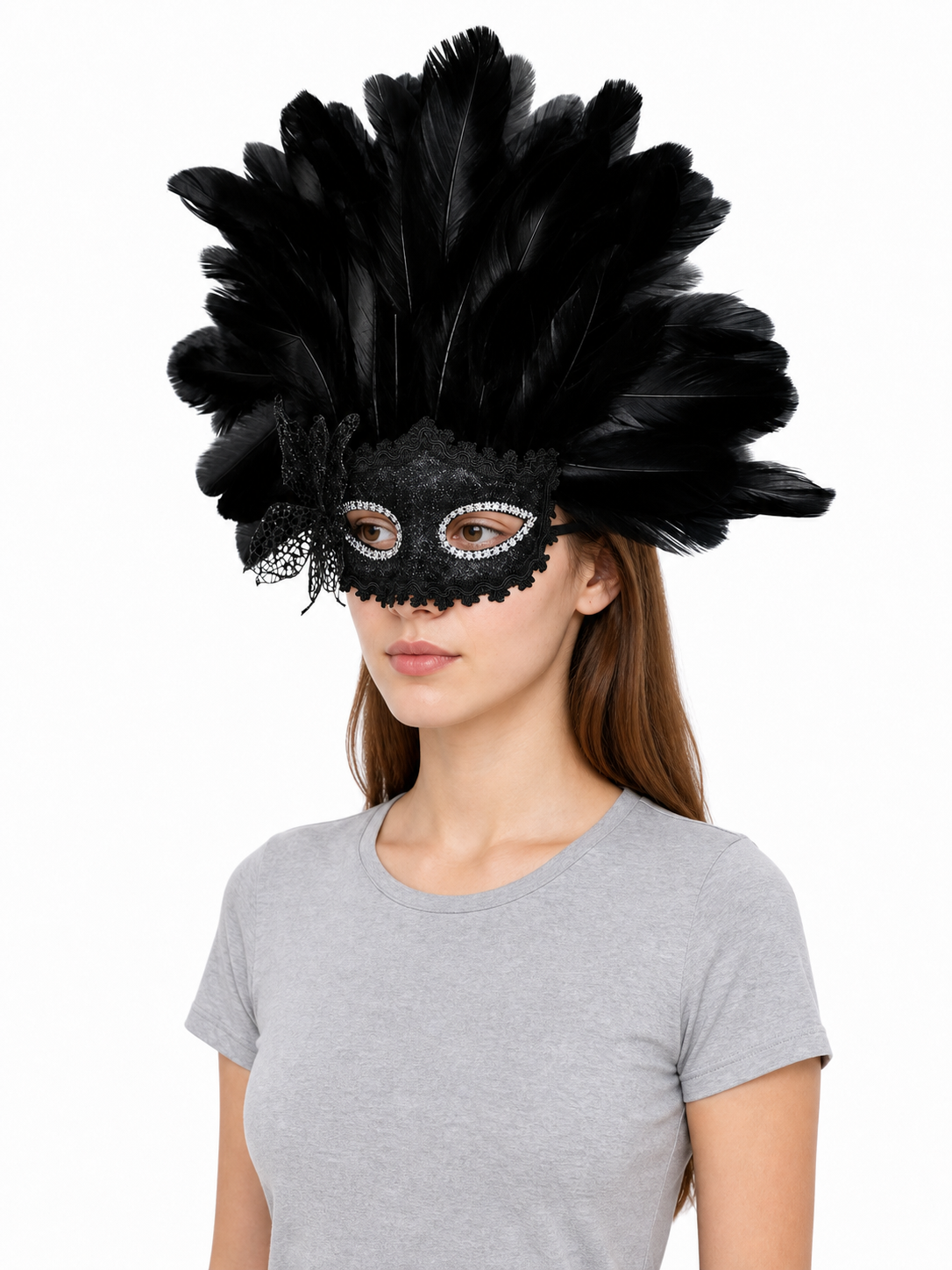 Carnival Mask with Black Feathers and Glitter