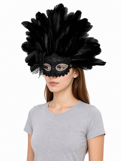 Carnival Mask with Black Feathers and Glitter