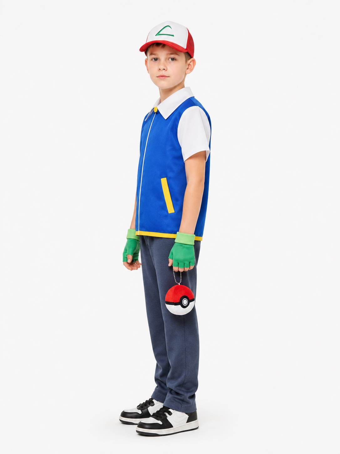 Children’s cosplay costume: jacket, cap, gloves side view